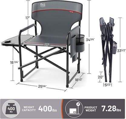 TIMBER RIDGE Heated Aluminum Oversized Camping Chair, Lightweight Portable Directors Chair with Side Table Detachable Side Pocket for Outdoor Camping, Lawn, Picnic, Support 400lbs Gray, 2 Pack