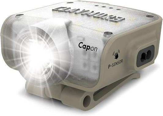 Claymore Capon 80C (Tan) - LED Rechargeable Clip-On Cap Headlamp, Lightweight Hat Light for Camping, Running, Emergency & Industrial Use, Waterproof, Hands-Free Sensor, 45 Hours Battery Life.