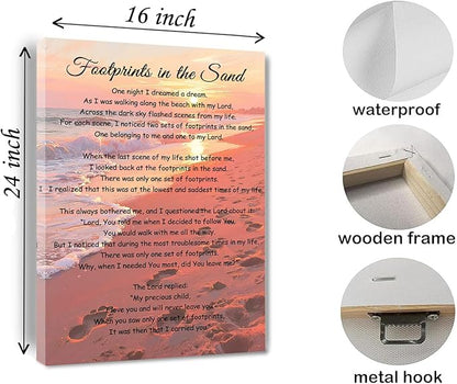 Footprints In The Sand Wall Art Religious Poem Poster Jesus Christian Print Retro Canvas Motivational Quotes Painting Pictures Home Decor Framed 16 * 24 Inch