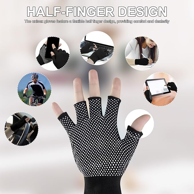 Fingerless Workout Gloves for Men and Women, Black Half-Finger Work Gloves, Fitness Exercise Gloves for Yoga, Weight Lifting, Cycling, Gym, Running, Driving-Breathable, Anti-Slip, Stretchy