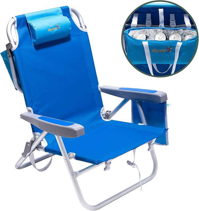 SUNNYFEEL Low Beach Chair 5 Position Lay Flat, Portable Folding Backpack Beach Chairs Heavy Duty with Cooler Bag, Cup Holder for Outdoor/Lawn/Trip/Picnic/Fishing, Foldable Camping Chair (New Blue)