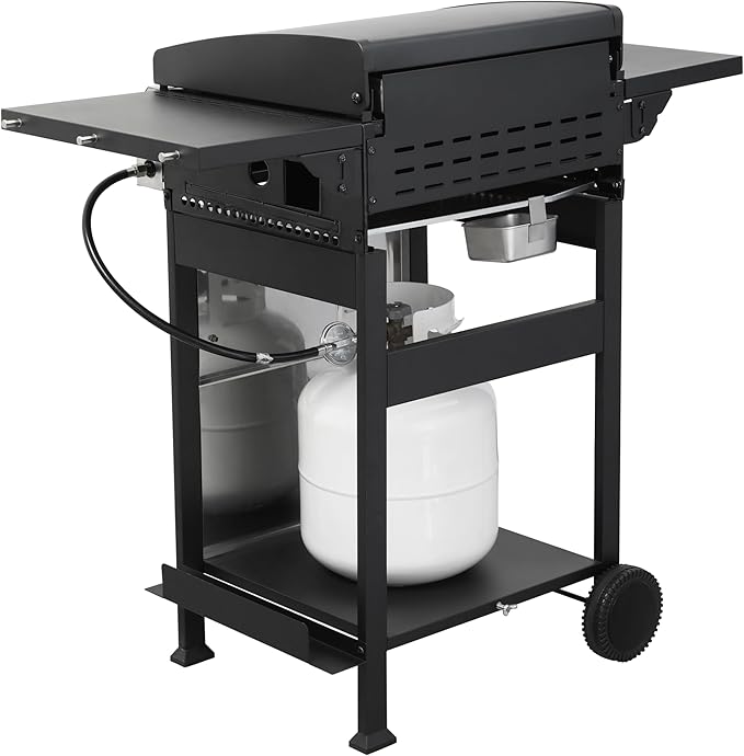 3-Burner Propane Gas BBQ Grill, SS Plancha, 36900BTU Output With Wire Enamel Cooking Grids For Outdoor Barbecue, Foldable Side Table, Hanging Basket, Stainless Steel