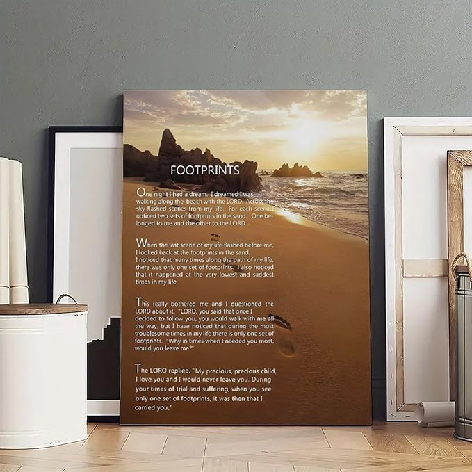 Footprints in the Sand Religious Canvas Wall Art Posters, Inspirational Beach Sunset Poem Print Poster (Framed 24x36inch, Footprints(2))