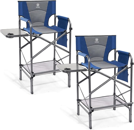 EVER ADVANCED 2 Piece Tall Folding Chair 30.7" Seat Height Directors Chair High Foldable Bar Stool for Makeup Artist Face Painting with Side Table Cup Holder Supports 350LBS