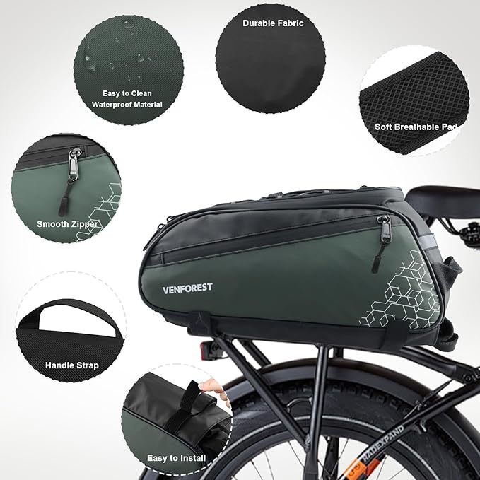 Bike Rear Rack Bag,9L PVC Waterproof Bike Trunk Bag for Road and Mountain Bikes,Bicycle Rear Seat Bag with Rain Cover Bike Saddle Bag for Cycling Trip (Brown green)