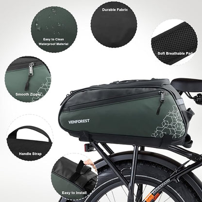 Bike Rear Rack Bag,9L PVC Waterproof Bike Trunk Bag for Road and Mountain Bikes,Bicycle Rear Seat Bag with Rain Cover Bike Saddle Bag for Cycling Trip (Brown green)