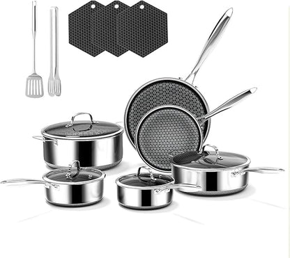 15-Piece 5 Ply Stainless Steel Cookware Set with Lids, Pots and Pans Set Non Stick, Non-Toxic Kitchen Utensils Set for Induction, Oven, Dishwasher Safe, RV Essentials, Kitchen Appliances