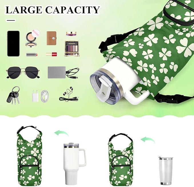 St. Patrick's Day Clovers White Water Bottle Holder with Strap Insulated Water Bottle Carrier Crossbody Bags Pouch with Phone Pocket for Travel Gym Hiking Walking Running