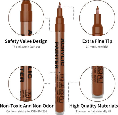 Acrylic Paint Pens Waterproof Markers 6 Brown Permanent Marker Pens Acrylic Pens for Rock Painting Glass Stone Ceramic Metal Fabric Pebble Painting pens Craft Supplies