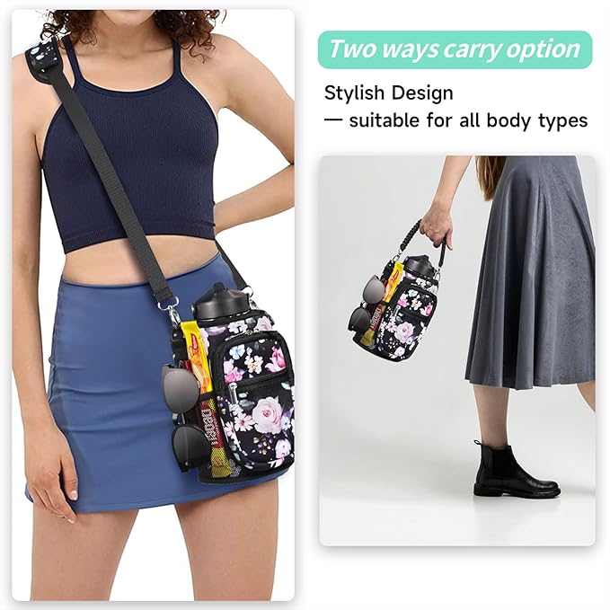 32/40/64/87/128 oz Water Bottle Carrier Bag, Neoprene Water Bottle Sleeve with 4 Pocket, Sport Water Holder with Paracord Handle and Shoulder Strap for Walking Hiking Camping Gym