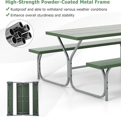 Tangkula 6 Ft Picnic Table with 2 Built-in Benches, Umbrella Hole, Metal Frame & HDPE Tabletop, 8-Person Large Table and Bench Set for Garden, Backyard, Patio (Green)