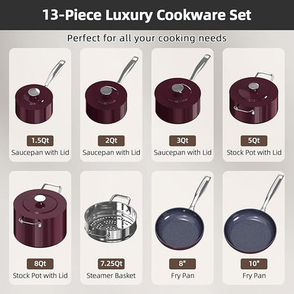 Nuwave Lux 13pc Forged Lightweight Cookware Set PFAS Free, Healthy G10 Duralon Ceramic Coating, Ultra Non-Stick, Stay-Cool Handles, Works on All Cooktops & Induction Ready