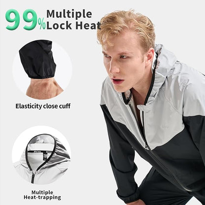 BVVU Sauna Suit for Men Zipper Sweat Suits with Hood Sauna Jacket Pants Gym Workout Full Body