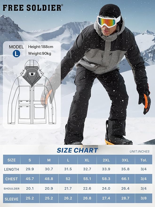 FREE SOLDIER Men's Waterproof Ski Jacket Fleece Lined Warm Winter Snow Coat with Hood Fully Taped Seams