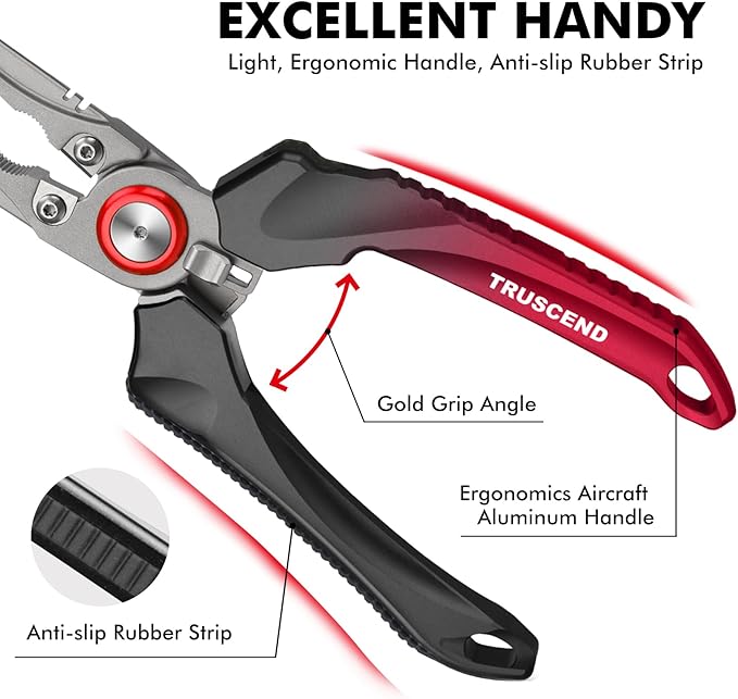 TRUSCEND Lockable Handy Fishing Pliers with Innovative Ergonomic Handle, Saltwater Corrosion Resistant Teflon Coated Fishing Tool, Multi-Function Fishing Gear with Mo-V Cutter