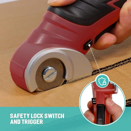 VLOXO Cordless Electric Scissors, Electric Box Cutter 4V Power Rotary Scissors Rechargeable Cardboard Cutter with Safety Lock Multi-Cutting Tools for Leather Carpet Canvas (Red)