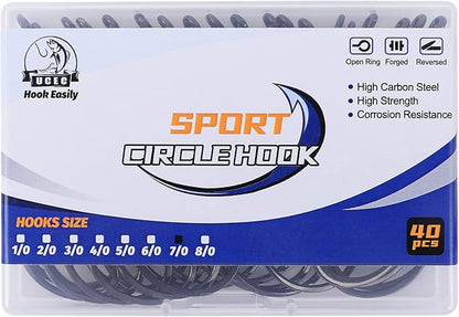 UCEC Circle Hooks Fishing Hooks 2X Strong Offset Circle Hooks Saltwater Black High Carbon Steel Octopus Catfish Fishing Hooks Fishing Gear Tackle 150pcs/ 240pcs - Size:#1 1/0 2/0 3/0 4/0 5/0 6/0 8/0