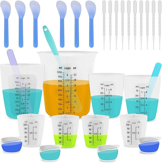 Silicone Resin Mixing 1L Measuring Cup Set for Resin Supplies, Easy-to-Read Marks, 1000ml/32oz Large Cup, 500&250&100ml Thickened Reusable Silicone Cups for Epoxy Mixing, Jewelry Making