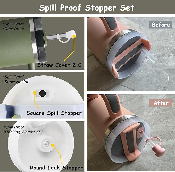 Stanley Cup Accessories Set,Including 2 Pcs 0.4in Straw Cover, 1 Silicone Spill-Proof Stopper Set of 3, 1 Cute Flower Handle Charm, 1 Silicone Boot Fits Stanley 40&30 Oz Tumbler (Dried Pine)