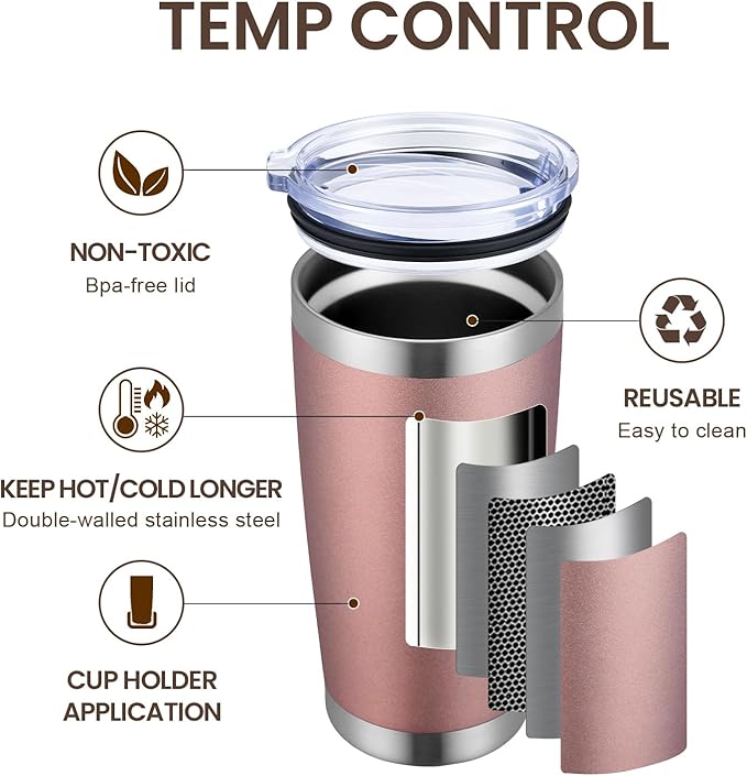 MEWAY 20oz Tumbler 12 Pack Double Wall Vacuum Insulated Travel Mug Bulk, Stainless Steel Tumblers with Lid and Straw, Durable Powder Coated Coffee Cups for Cold & Hot Drinks (Rose Gold, 12)