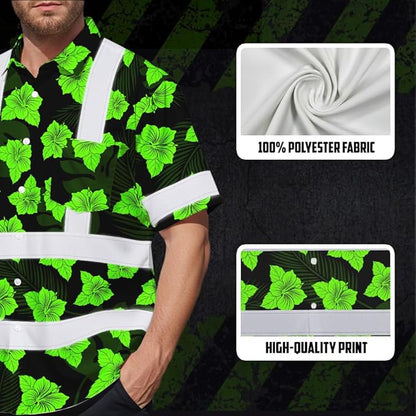 High Visibility Hawaiian Shirt for Men Tropical Shirts Custom Name Floral Outfit Reflective Safety Workwear