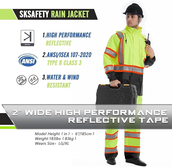 SKSAFETY Hi Vis Reflective Rain suits for Men Waterproof - High Vis Safety Rain Jacket, High Visibility Raincoat for Men