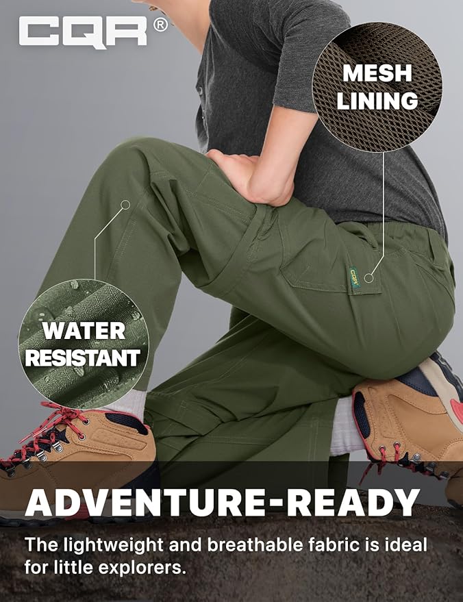 CQR Kids Youth Hiking Cargo Pants, UPF 50+ Quick Dry Convertible Zip Off Pants, Outdoor Camping Pants