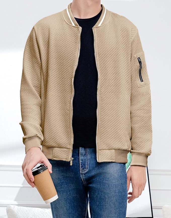 Mens Casual Jacket Loose Fit Lightweight Jacket Varsity Bomber Jacket with Zipper