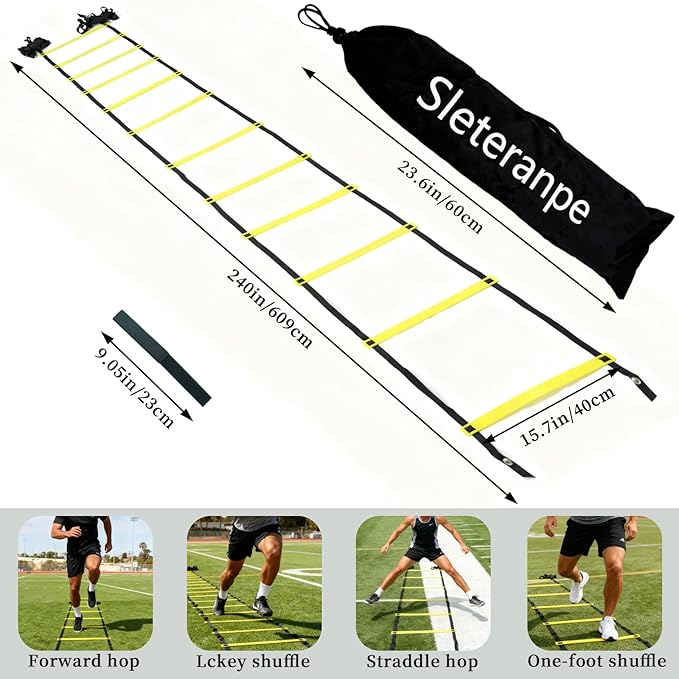 20ft Agility Ladder - Speed Ladder for Soccer with Carry Bag & Straps | 12 Adjustable Rungs | Soccer, Agility Training Equipment | Durable Footwork Ladder for Athletes (Yellow)