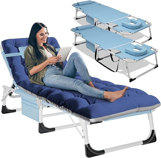LILYPELLE Folding Chaise Lounge Chair with Mattress, 5 Position Beach Chair with Face Hole, Patio Chaise Lounge Chair for Outside, Sunbathing, Camping, Pool, Beach, Poolside