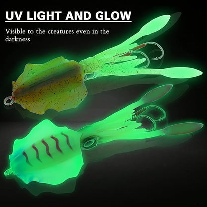 Squid Fishing Lures Large Simulation Luminous Artificial Lures Baits with 3D Holographic Eyes & Treble Hook, Built in Lead Blocks, Lifelike Plastic Fishing Soft Lures for Saltwater Fishing