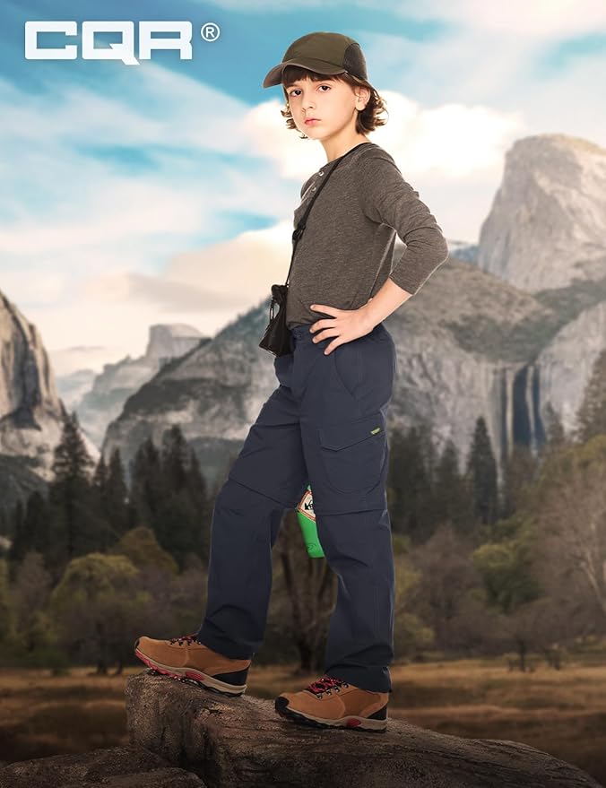 CQR Kids Youth Hiking Cargo Pants, UPF 50+ Quick Dry Convertible Zip Off Pants, Outdoor Camping Pants