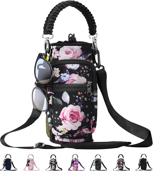 32/40/64/87/128 oz Water Bottle Carrier Bag, Neoprene Water Bottle Sleeve with 4 Pocket, Sport Water Holder with Paracord Handle and Shoulder Strap for Walking Hiking Camping Gym