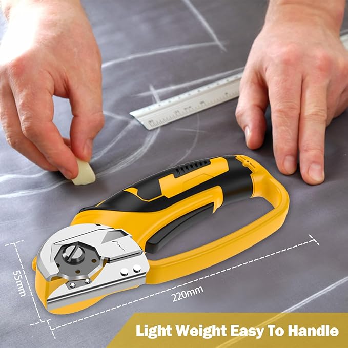 Cordless Electric Scissors, 4V Box Cutter & Cardboard Cutter with 2 Titanium Blades - Rotary Cutter with LED Light for Fabric, Leather, Carpet, Plastic, Crafting + Storage Case (Yellow)