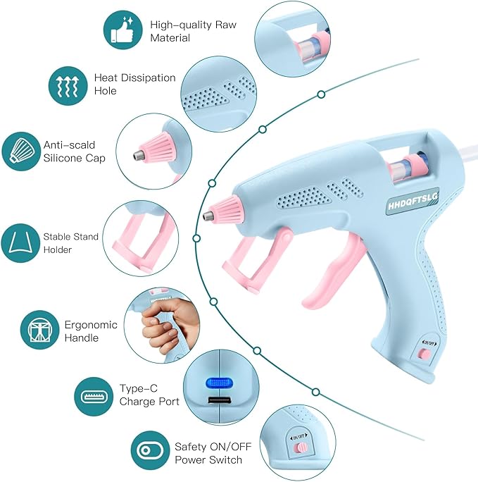 20W Cordless Hot Glue Gun,Glue Gun with 30 Glue Sticks (7×150mm),90s Fast Heating,2600mAh Type-C Rechargeable Mini Glue Gun for DIY Crafts,Home Repairs,Kids' School Projects & Gift Making-Blue