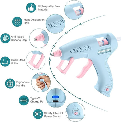 20W Cordless Hot Glue Gun,Glue Gun with 30 Glue Sticks (7×150mm),90s Fast Heating,2600mAh Type-C Rechargeable Mini Glue Gun for DIY Crafts,Home Repairs,Kids' School Projects & Gift Making-Blue