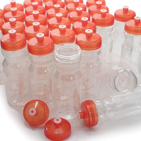 Rolling Sands USA Made 24 Ounce Sports Water Bottles - 100 Pack BPA-Free Blank Plastic Bottles for Group Use, Fitness Classes & Events - Translucent Clear Bottle/Orange Lid