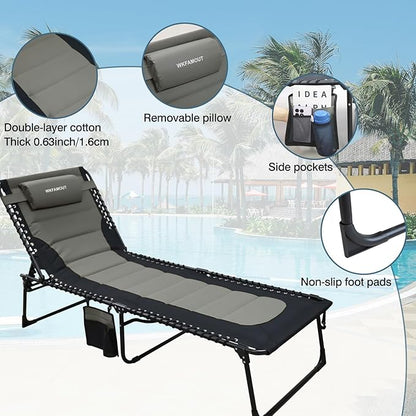 Oversized Padded Outdoor Folding Lounge Chair for Adults 330Ibs Patio Chaise Lounge for Outside 5-Position Adjustable Reclining Beach Chair with Pillow Pocket