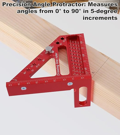 TRZZ 3D Multi-Angle Measuring Ruler, Precision Woodworking Carpenter Square for 0-90° Angles, Aluminum Alloy Tool for Engineering, Construction, and DIY Projects (Red)