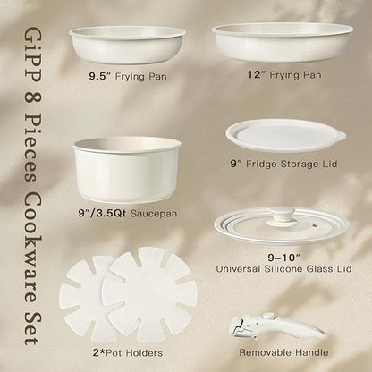 GiPP Ceramic Pots and Pans Set Non Stick, Nonstick Detachable Handle Cookware Sets, Healthy Non Toxic PFAS PFOA & PTFE Free, Dishwasher ＆Oven Safe, Induction Kitchen Pot and Pan, 8 Piece Cream