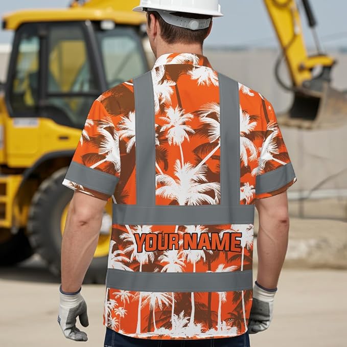 High Visibility Hawaiian Shirt for Men Tropical Shirts Custom Name Floral Outfit Reflective Safety Workwear