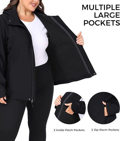 wantdo Women's Plus Size Softshell Jackets Hooded Warm Fleece Lined Windbreaker