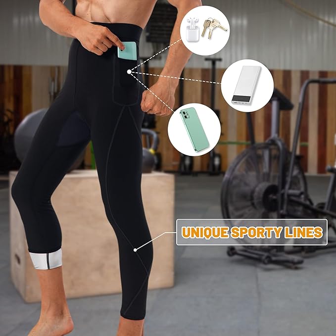 Men Sauna Pants Sweat Leggings Thermo Capris Slimming Tights Heat Trapping Suit,Humanized Mesh Crotch,High Waist