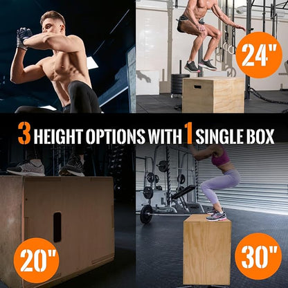 CAELUM 3-in-1 Wood Plyo Box - Non-Slip Plyometric Jump Box for Home & Gym, 400lbs Bearing Fitness Launch Box for Jumping Squats Step-ups Strength Training