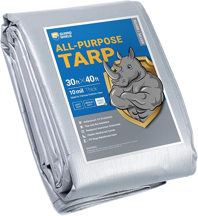 GUARD SHIELD Heavy Duty Tarp 30x40 Feet Silver Multi Purpose Thick Waterproof Poly Tarp Cover 10mil