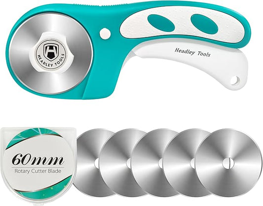 Headley Tools Rotary Cutter 60mm Upgraded with Bearing Design for Smoother and deeper cutting, Ergonomic Handle Rolling Cutter with Safety Lock for Fabric, Fabric, Leather, Crafting, Sewing, Turquoise