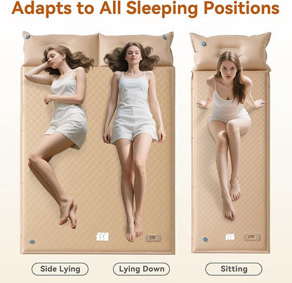 Self Inflating Sleeping Pad with Pump, 3.14" Thick Memory Foam Double Sleeping Mats with Pillow (Khaki)