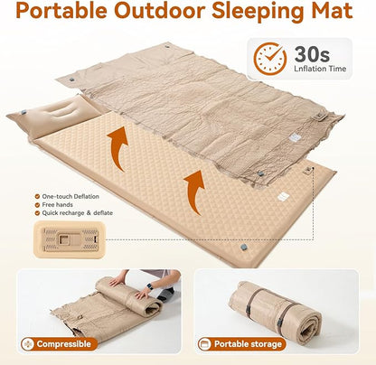 Self Inflating Sleeping Pad with Pump, 3.14" Thick Memory Foam Double Sleeping Mats with Pillow (Khaki)