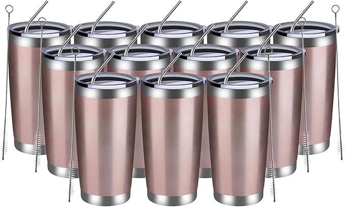 MEWAY 20oz Tumbler 12 Pack Double Wall Vacuum Insulated Travel Mug Bulk, Stainless Steel Tumblers with Lid and Straw, Durable Powder Coated Coffee Cups for Cold & Hot Drinks (Rose Gold, 12)