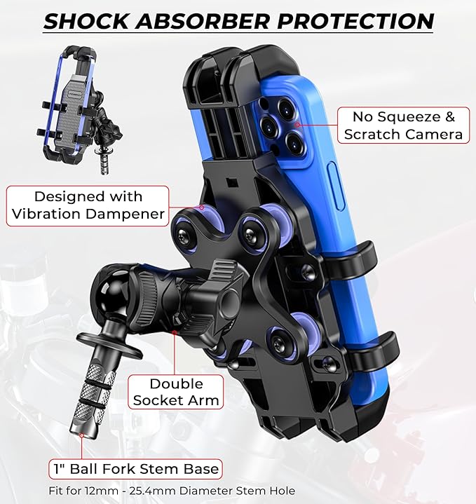 Motorcycle Fork Stem Phone Mount [Vibration Dampener] [Anti-Shake] One-Handed Operation Motorcycle Cell Phone Holder, Fit 12mm-25.4mm Diameter Fork Stem Tube, for 5.4"-7.2" Smartphone